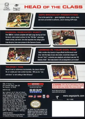 NCAA College Basketball 2K3 box cover back